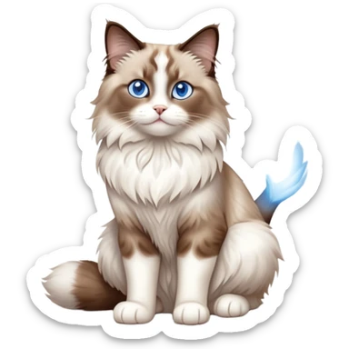 cinematic-[brown and white ragdoll cat]-realistic-full-body-sitting-emoji,-tail-curled-playfully-around-its-paws,-head-tilted-dramatically,-fluffy-[brown and white]-fur,-simplified-yet-realistic-focused-features,-highly-detailed,-glowing-with-an-almost-sarcastic-glow, with blue eyes sticker