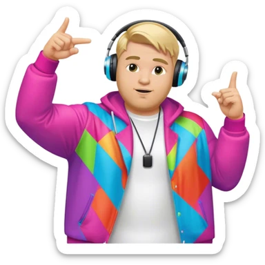 blond big man in colorful dj outfit pointing sideways sticker
