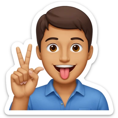 Man making v shape with fingers and tongue sticking out of mouth sticker