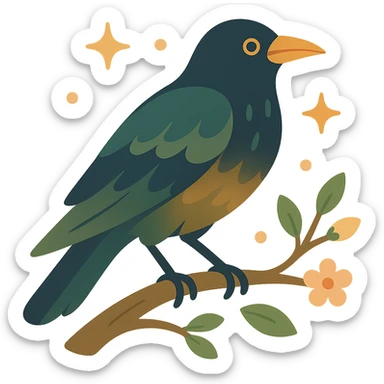 A mysterious crow perched on a branch, surrounded by a soft, magical atmosphere. The crow’s feathers are deep, dark hues with hints of golden orange (FA9B41), forest green (4A7C5C), muted taupe brown (96775A), and pastel peach (FFCC9A) subtly blending into its plumage. The branch is weathered and textured, with small leaves in green and peach tones, and delicate flowers or tiny sparks floating around. The lighting is soft and ambient, casting a warm, mystical glow over the scene, creating a quiet yet enchanting atmosphere. The crow’s sharp eyes and poised posture add to the mysterious, slightly gothic vibe of the moment sticker
