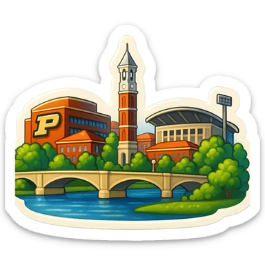 Re-do the West Lafayette, Indiana emoji with a more straight-on angle, featuring a wide city view with iconic landmarks such as the Purdue University campus, Purdue Bell Tower, Ross-Ade Stadium, and the Wabash River. The image should have lifelike detail, accurate colors, bright daytime lighting, and a fully transparent background with no sky, no clouds, and no city name label. Keep the style consistent with previous city emojis in the retro stickers style. sticker