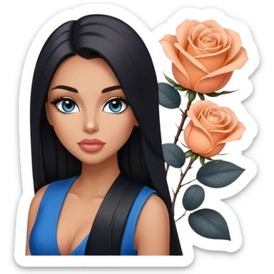 Glamours, tanned, very beautiful girl, with big pump peach-beige-rose lips, long long lashes, black straight smooth silky long hair, straight parting hair, blue-grey eyes, black v-neck vest sticker