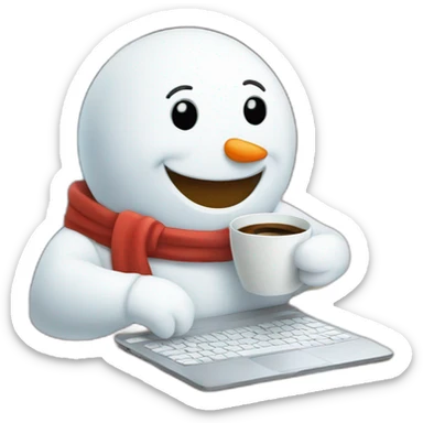 cute little smiling snowman working with a laptop holding a coffee mug sticker