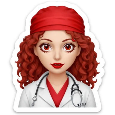 Scary woman scalpel in hand, evil surgeon sexy surgeon clothes.  She has red eyes. Her  brown long curly hair. Wears sexy doctor outfit with red gloves. Hides mouth necknose with red bandana to hide her identity sticker