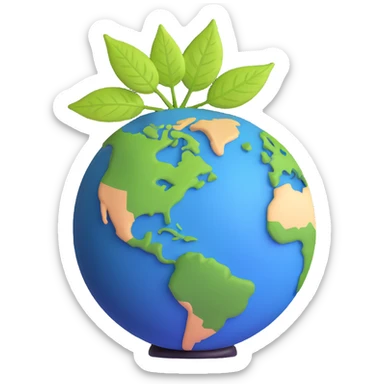Green leaf on top of a round Earth globe, simple background, soft light sticker