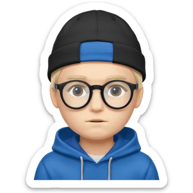 a shy boy wearing thick black glasses (nerd) and hide all his hair under a blue cap, wearing a normal hoodie (ios memoji) sticker
