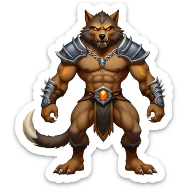Cinematic Realistic WoW Worgen Portrait, captured in a dynamic, battle-ready stance, muscles rippling beneath his wild fur and tanned skin. His fierce, amber eyes and determined features, set against consistently detailed, worn leather attire, are rendered with dramatic natural lighting and high shine, embodying the raw, relentless fury of a worgen warrior in combat. sticker