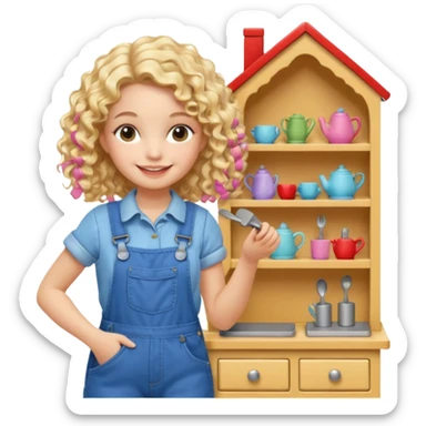 smiling blonde curly girl arranging furniture in doll house with overalls sticker