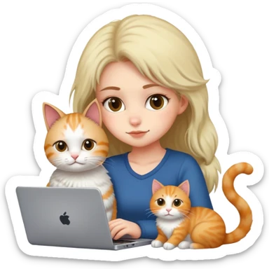 A girl is working hard on a laptop with a cat next to it sticker