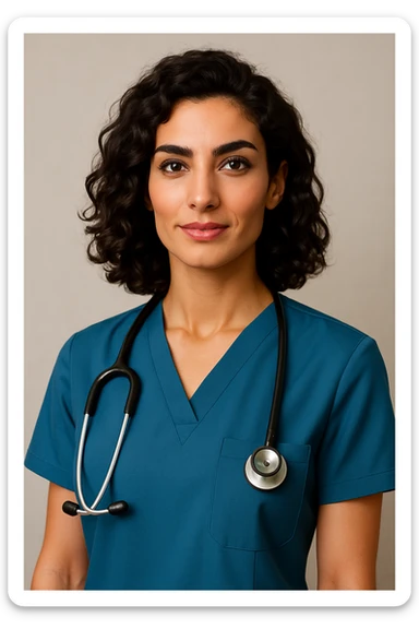 Arab doctor, 46 kg, 173 cm, medium black-brown wavy hair, black eyes with long lashes and thick eyebrows, beautiful mouth, defined facial bone structure, prominent cheekbones, chin with a dimple (غمازة ذقن), wearing scrubs, elegant and professional sticker