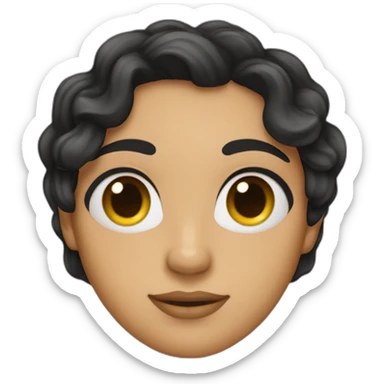 The emoji should have a feminine appearance, with long, flowing, wavy black hair cascading down the sides. The eyebrows are neatly arched, framing striking, almond-shaped eyes adorned sticker