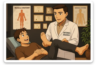 su questo lettino rappresenta un webtoon manga a colori con questo stile, in cui un uomo è steso sul lettino medico e il kinesiologo con il camice bianco (fagli anche la scritta "ANTONIO ANANIA" SUL CAMICE, gli solleva una gamba per fargli il test neuromuscolare, IL KINESIOLOGO SPIEGA ALL'UOMO UNA cosa mentre gli alza la gamba. l'espressione dell'uomo è felice e soddisfatta, non fare i fumetti però, fai solo in modo che sembri stiano parlando sticker