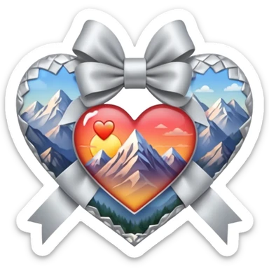 heart with a mountain sunrise, silver bow with heart pattern on the bow, apple emoji style sticker