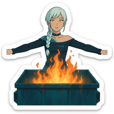  young woman with gold yellow eyes, white hair, long braid, black off-shoulder top, punk gothic style, futuristic cyberwave cyberpunk,, she is calmly t-posing , there is a dumpster fire in front of her sticker