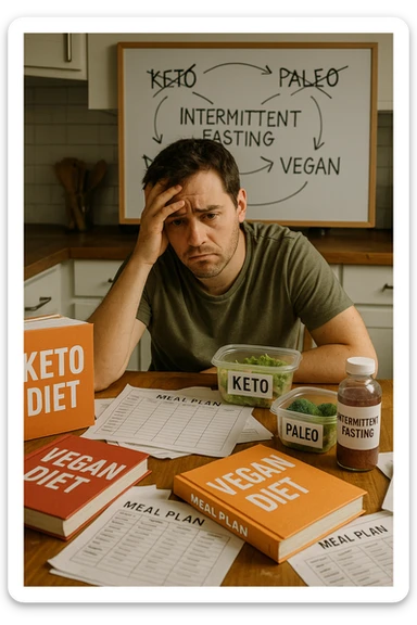 Confused man in his 30s sitting at a kitchen table cluttered with various diet books, meal plans, and food containers labeled keto, vegan, paleo, intermittent fasting. He holds his head with one hand, looking overwhelmed and frustrated. The background shows a whiteboard full of crossed-out diet names and arrows going in circles. Expression: mental fatigue, indecision, information overload. Soft lighting, slight mess to emphasize his struggle. sticker