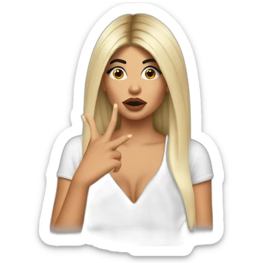 Kylie Jenner with hair to her arms wondering and holding her finger on her lips sticker