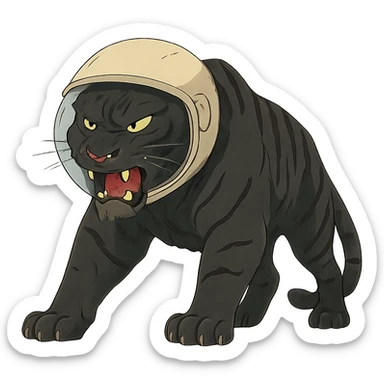 ghibli style illustration of a big black tiger, angry, wearing a helmet sticker