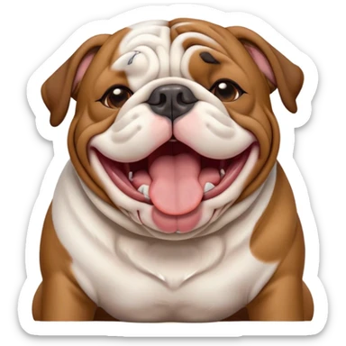 Cinematic Cute Yawning Brown and White English Bulldog Portrait Emoji, Head tilted slightly with a dramatic, wide-open yawn, showcasing a smooth brown and white coat with a defined pattern, floppy ears slightly drooping, round brown eyes barely open in drowsy contentment, Simplified yet irresistibly adorable features, highly detailed, glowing with a soft, cozy glow, high shine, relaxed yet expressive, stylized with a touch of whimsy, bright and endearing, soft glowing outline, capturing the essence of a sleepy yet affectionate guardian, so drowsy it feels like it could stretch out of the screen and curl up for a nap! sticker