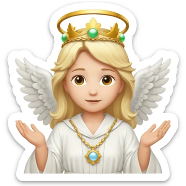 Emoji-style angel: blonde hair, laurel crown, halo, white wings, white robe, glowing orb, soft cute emoji look. sticker