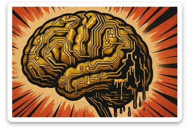 human brain constructed from golden circuitry, with parts melting and glitching, evoking sabotage, old school comic book style, 16:9 aspect ratio sticker