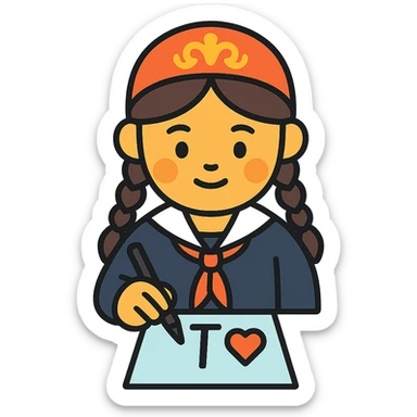 Kazakh girl in Korean foreign school uniform, drawing the letter T with a heart on a sheet of paper sticker