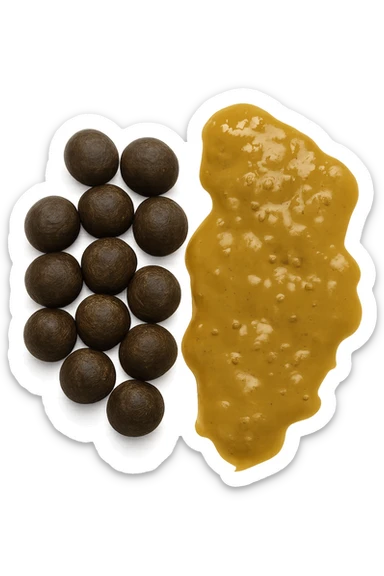 feci di animale a palline viste dall'alto e feci di animale liquide e gialline viste dall'alto, iperrealistico 4k sticker