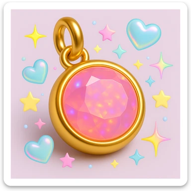 add more Y2K accents: pastel stars, iridescent hearts, and neon sparkles around the elegant round cut pink sapphire holographic charm with gold setting and gold jump ring, extreme close-up, 3D emoji style sticker