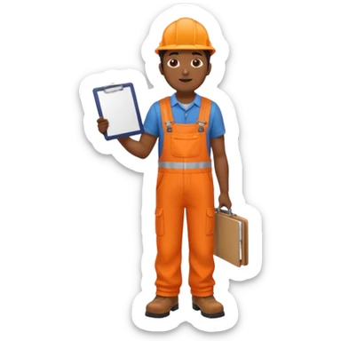 Indian male railway engineer orange overalls, boots holding a clipboard view from rear sticker