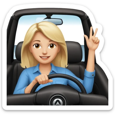 blonde woman driving car. one hand up Happy face confidence sticker