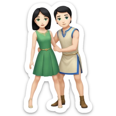 2 Person, King, upright, black Hair, blue eyes, whole body, Woman, blonde Hair, Green eyes, bending knee, sleveless White Dress, sticker