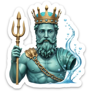 Bust of Poseidon underwater, Greek god with beard and crown, sea god statue with trident, bubbles around, blue water background sticker