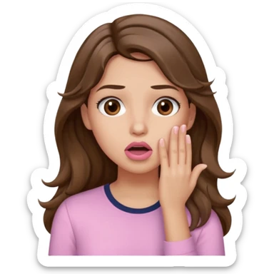 girl with wavy long brown hair, brown eyes, light to medium complexion, long lashes, light pink lipstick, wearing light pink shirt, shocked, hand covering mouth sticker