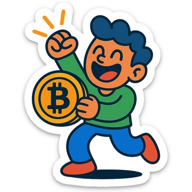 happy cartoon character holding a Bitcoin symbol and celebrating, vibrant toon style sticker