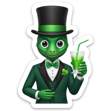 snake wearing suit, bowtie and top hat, holding a glass of green drink sticker