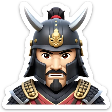 clash-of-clans-aesthetic_-cinematic-fearsome-and-majestic-samurai-bust-portrait-emoji, rendered in a flat, vector-style with minimal shading and bold, simplified shapes typical of emoji art, depicting a battle-hardened samurai with black mask and traditional black Japanese armor. The samurai is riding a noble grey warhorse adorned with an intricately designed saddle and fluttering banners and a rising sun. a samurai on a   horse sticker