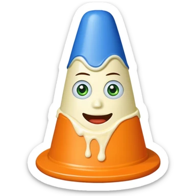 Traffic cone with mayonnaise on it and pickles around it and it has a blue face sticker