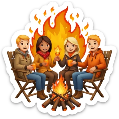 Born fire and people sitting beside born fire on chairs. Born fire is in the centre sticker