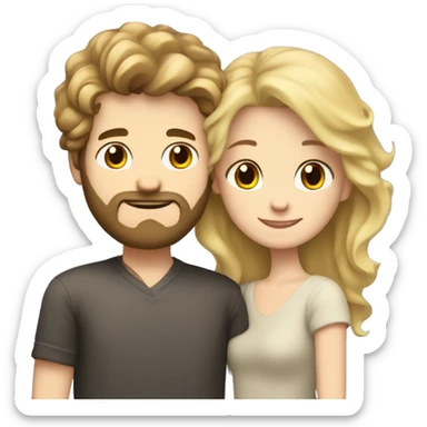 Brunette girl with wavy hair hugging blond boy and white skin whit a beard lovingly couple sticker