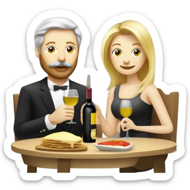 Repas raclette et deux verres de vin blanc en couple, femme blonde cheveux aux-dessus des épaules homme petite barbe et moustache grisonnantes et cheveux bruns grisonnant  sticker