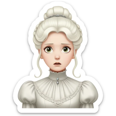 Awestruck Victorian-era white woman with white coiffed hair, light eyes, wearing a simple turtleneck Victorian gown, with a dropped jaw in shock sticker