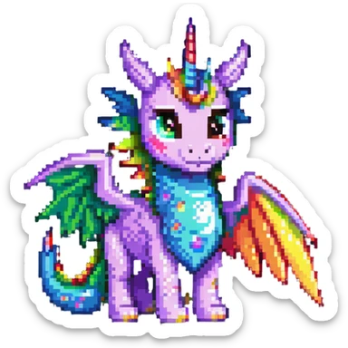 dragon with oversized eyes, rainbow-colored wings, and a unicorn horn sticker