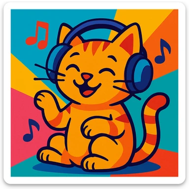 a cat with headphones listening to music, playful, vibrant colors sticker
