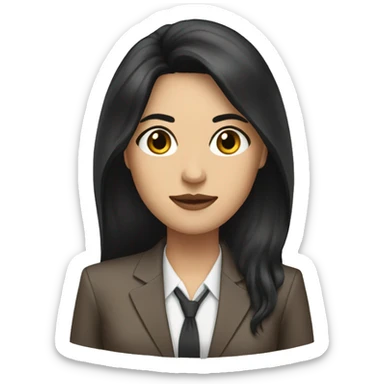 Female defense attorney with long black hair with brown suit sticker