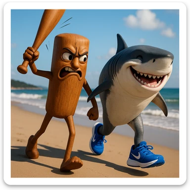 create this image with 4 different emotion to each of them .CREATE ONE WHERE THE ONE WITH THE STICK IS BEATING THE OTHER. AND THE OTHER ONE WITH HAPPY EMOTION 
 sticker