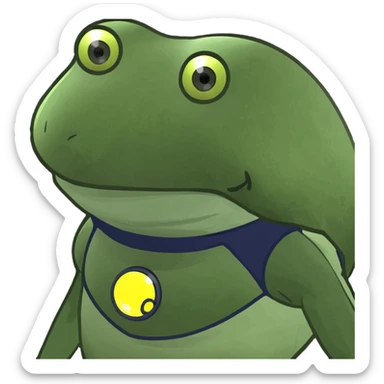 bufo robot with glowing eyes, green frog robot, metallic body, bright glowing eyes, cartoon style sticker