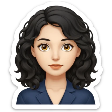 this avatar of 30th year-woman has shoulder-length black wavy hair with loose curls framing the face, and a long, pointed face with golden-brown eyes and a calm, neutral expression. sticker