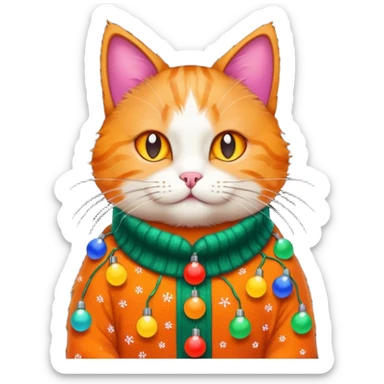 cat wearing a christmas sweater wrapped in christmas lights sticker