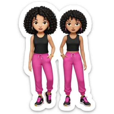 Black woman, adult, 4C black curly hair, dark brown eyes, wearing black top, pink pants, black sneakers, gold hoop earrings mostrando os músculos  sticker