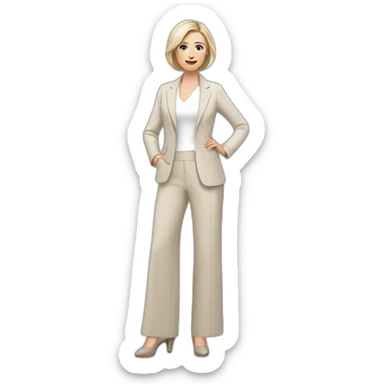 Full height Actively gesturing with hands pale skin woman with ash blonde Straightened bob Hair, White Spacious classical jacket, beige palazzo Arrow pants and gray blouse sticker