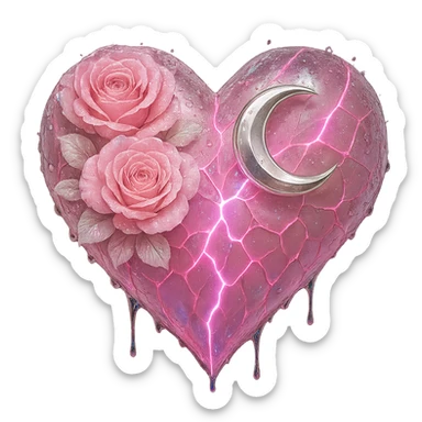 Edit the gothic heart to feature splintered light pink glass, a silver crescent moon, light pink roses, holographic stardust, neon lightning, and a wet look. Keep the background transparent. sticker
